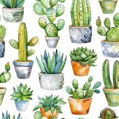 Fototapeta premium A watercolor seamless pattern of succulent plants on a white background.