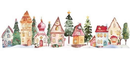 On a white background, a modern illustration of houses in winter.