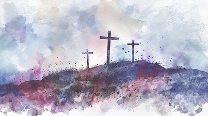 Fototapeta premium Crosses of Jesus Christ on the hill. Digital watercolor painting.