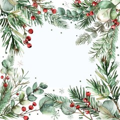 Fototapeta premium With snowflakes, berries, and fir branches, this watercolor Christmas frame is modern and colorful.