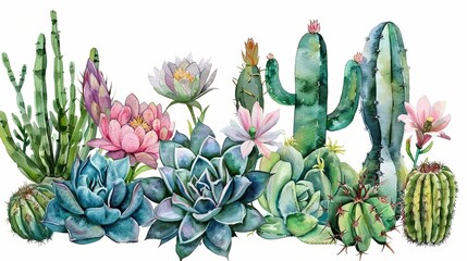 Fototapeta premium Isolated tropical flowers and cacti in watercolor on a white background.