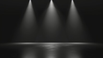 The dark black studio room has a spotlight wallpaper backdrop, blank perspective to showcase your product montage or artwork.