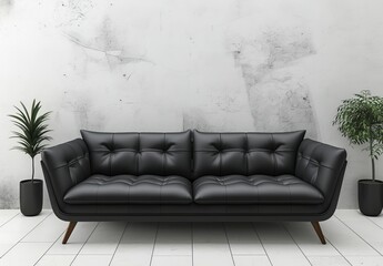 Design mockup of a modern living room with a gray sofa, a plant, and a coffee table decorated with decorations. Interior design mockup of a spacious living room with plenty of sun light. 3D render of