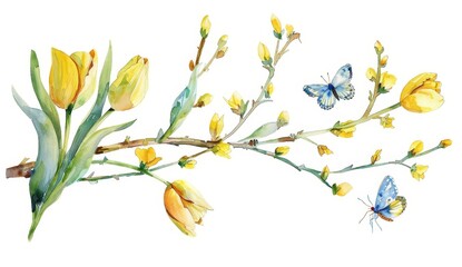 Fototapeta premium An elegant watercolor banner with tulips and butterflies.