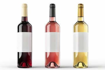 An isolated mockup of white, red and rose wine bottles on white. 3D renderings.