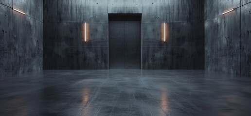 Naklejka premium The realistic 3D rendering is of dark concrete with white lights, underground tunnel corridors made of cement asphalt and metal structures, and has a concrete ceiling, cement asphalt, and hallways