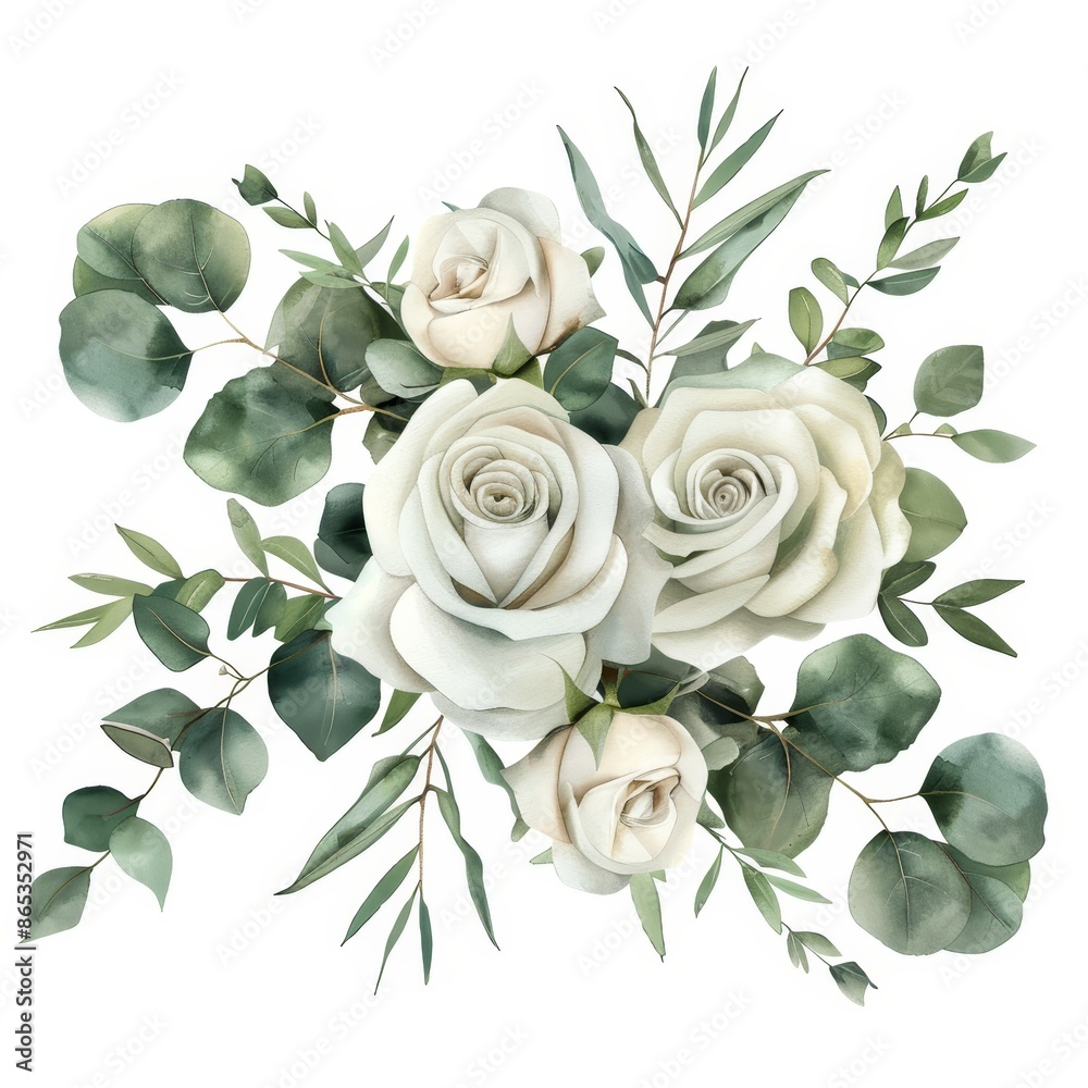 Poster With eucalyptus leaves and roses, this watercolor bouquet is modern and elegant.