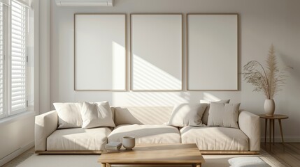 The blank canvas mockup depicts an interior with a beige sofa, wooden floor, wall panel, and cactus, rendered in 3D