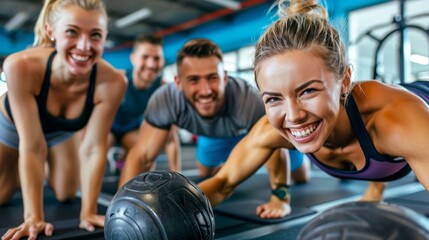 Laughing friends in a fitness center enjoying a group exercise class like Pilates, yoga or cardio. gym, pilates, workout, cardio, yoga