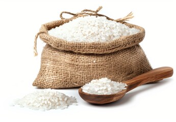 Rice in Jute Bag with Wooden Spoon on White Background