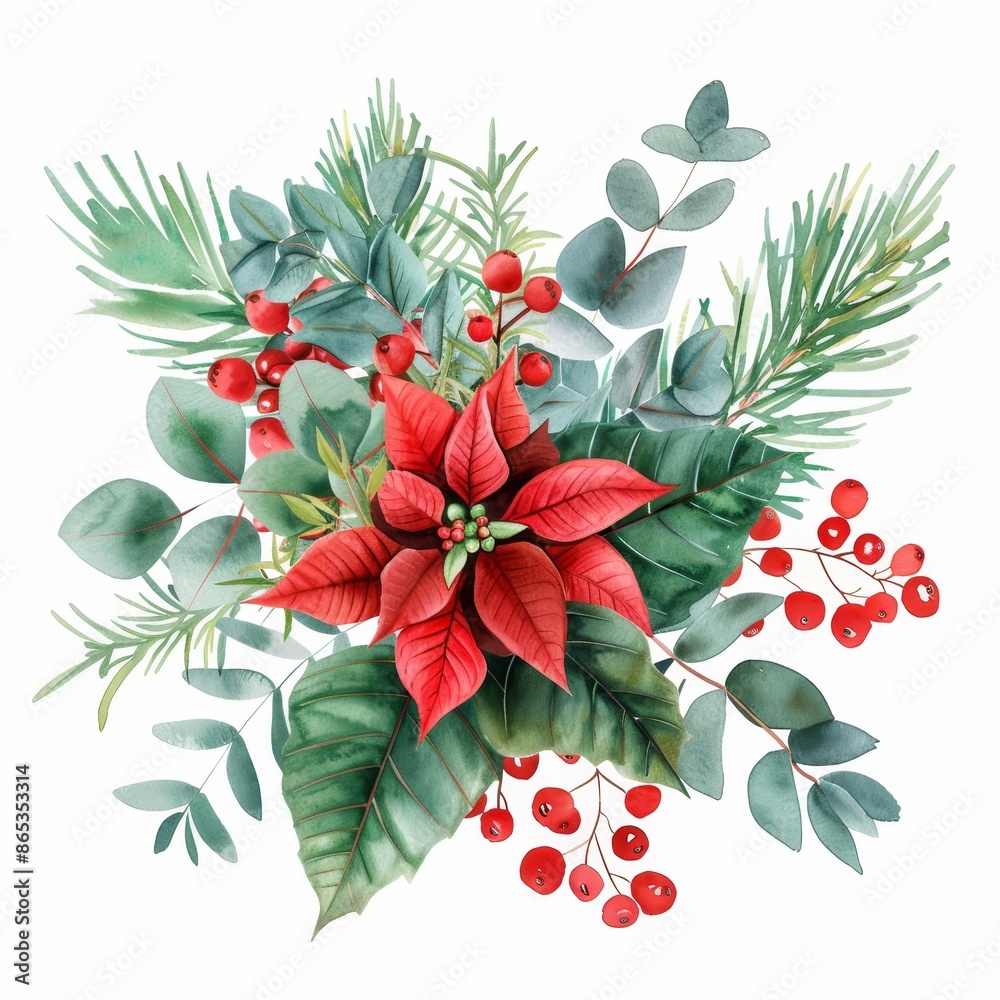 Poster With poinsettias, eucalyptus and fir branches, this watercolor Christmas bouquet is modern and contemporary.