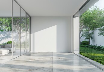 Fototapeta premium Three-dimensional rendering showing a white modern empty room with open sliding doors to a terrace overlooking a scenic view of nature