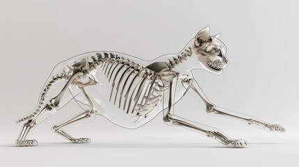 In 3D, a cat's skeleton anatomy is illustrated with its body transparent against a clean white background