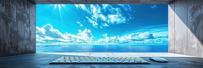 A computer keyboard and mouse in front of ocean view from window
