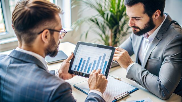 A duo of coworkers, one holding a tablet and the other pointing at a graph, reviewing a budget plan.
- Powered by Adobe
