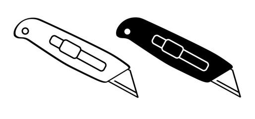Work knives. Cartoon cutter knife. retractable blade or knife. Paper or cardboard cutter. Work, school tools. Retractable blades concept. Utility knife or jackknife. Spare blade for cutter.
