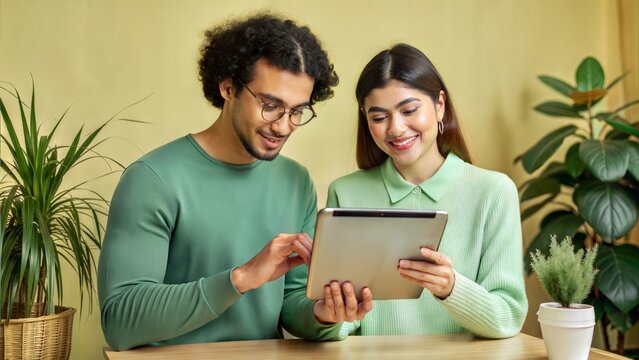 A duo of coworkers, one holding a tablet and the other pointing at a graph, reviewing a budget plan.