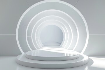 Obraz premium 3D rendering of a modern minimalist round space showcase with empty space. Design for product presentation in trendy, clean style.