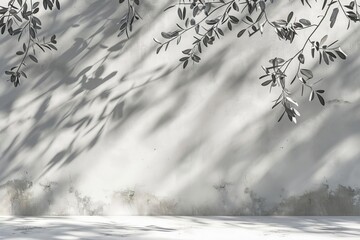 An empty white marble stone counter table top is surrounded by a green tree in sunlight, with leaf shadows cast on a beige brown stucco cement wall, which is the perfect background for luxury organic