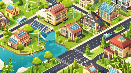 This concept of solar power is an energy-saving concept that gets free energy directly from the sun. It is shown in a 3D rendering of an eco-friendly smart city.