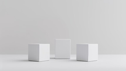 White display plinths. White color. 3D illustration.