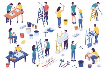 3D Isometric Flat Conceptual Illustration of a Team of Workers, each profession in the set