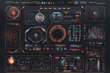 Fototapeta premium Intuitive hand-drawn graphics, typefaces, 3D geometric shapes, icons. A set of modern futuristic graphics in hi-tech elements with a HUD interface. Cyberpunk and retrofuturism graphic box. Modern