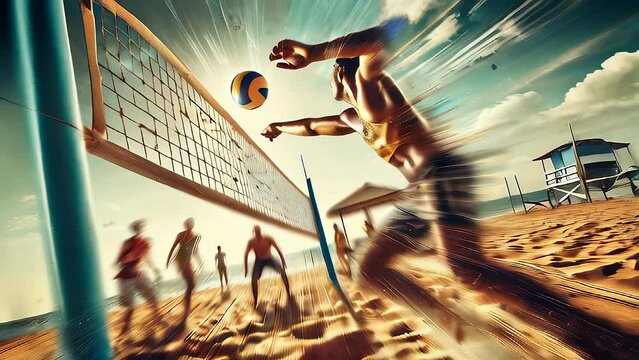 Intense Beach Volleyball Match with Players in Action Diving for Ball on Sunny Beach.