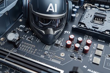 Fototapeta premium Close up of AI microchip on a circuit board, highlighting technological innovation and high tech advancements in computing