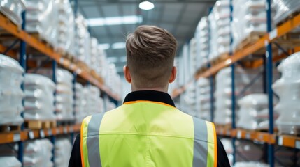 A shot from back view of a logistics employee is operating a forklift truck in a busy warehouse