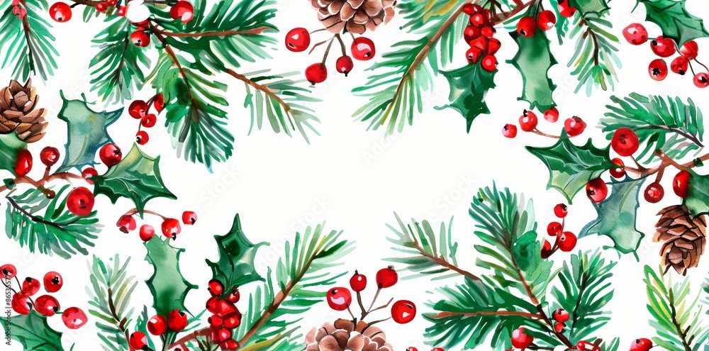 Poster Xmas borders with hand painted winter plants and fir branches. Christmas template.