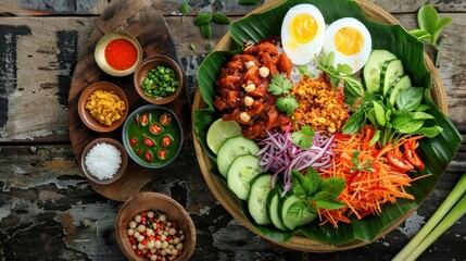 Fototapeta premium A top-down view of a vibrant and colorful traditional Asian salad with various vegetables, herbs, boiled eggs, and spices arranged in a bowl.