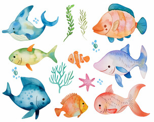 Fototapeta premium Watercolor set of cute fish and underwater animals for cute baby design