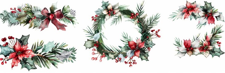 Fototapeta premium The Christmas fir branches frame set includes a border, round frame, and holiday card template. All illustrations have been painted in watercolors.
