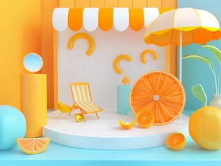 3D render of a summer themed pop-up store design, with an orange and blue color palette