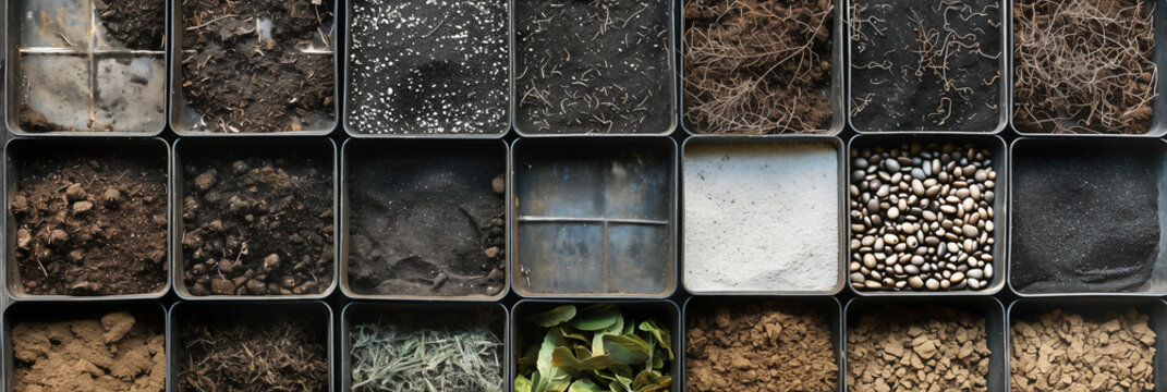 Grid layout displaying different soil types and natural materials in separate compartments banner. Panoramic web header. Wide screen wallpaper