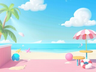 A cute beach themed background with a blue sky, white clouds, and an umbrella on the right side of the scene