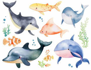 Naklejka premium Watercolor set of cute fish and underwater animals for cute baby design