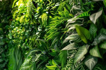 Green tropical foliage with sunlight and blurred background