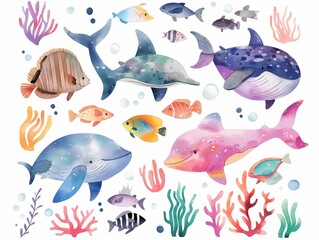 Watercolor set of cute fish and underwater animals for cute baby design