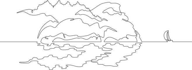 Cliff in the sea. Sea cliffs. Sailing yacht off the coast. Rocky shore. Bay in the ocean.One continuous line drawing on a white isolated background. Minimalism linear illustration.