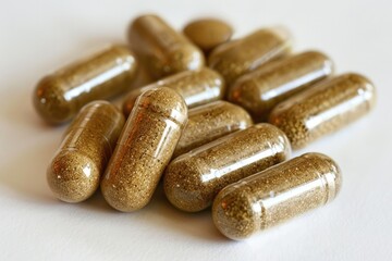 Diet Supplement. Natural Herbal Nourishment in Brown and Green Capsules