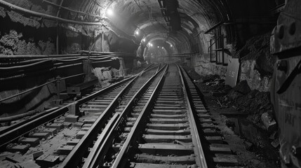 Obraz premium Subway construction tunnel, Rails, Sleepers, Infrastructure, Underground