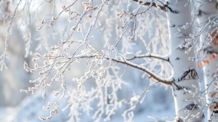 White Birch Trees. Arctic Birch Forest Winter Blizzard Landscape.