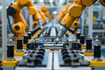usine avec chaine de montage robotisée, machine outil et bras robotisés