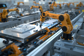 usine avec chaine de montage robotisée, machine outil et bras robotisés