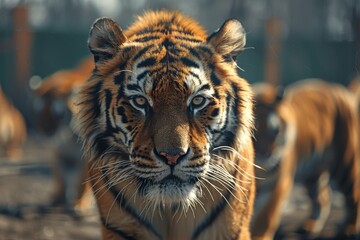 A majestic tiger intensely gazes forward, surrounded by its natural habitat with other tigers in the background creating a stunning wildlife scene.