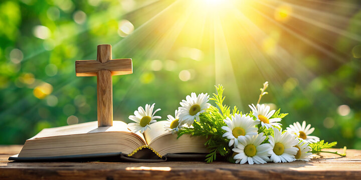 cross on an open bible with a bright background light