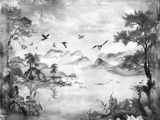 Vintage Chinese landscape drawing of lake with birds, trees, and fog in black and white - wallpaper, wall art, print, fresco, mural