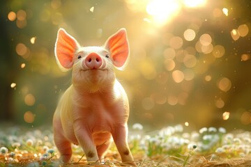 Fototapeta premium Closeup of pink baby piglets with white hair on sunlight in isolated blurred background, cute pink baby pig with clean body in blur background
